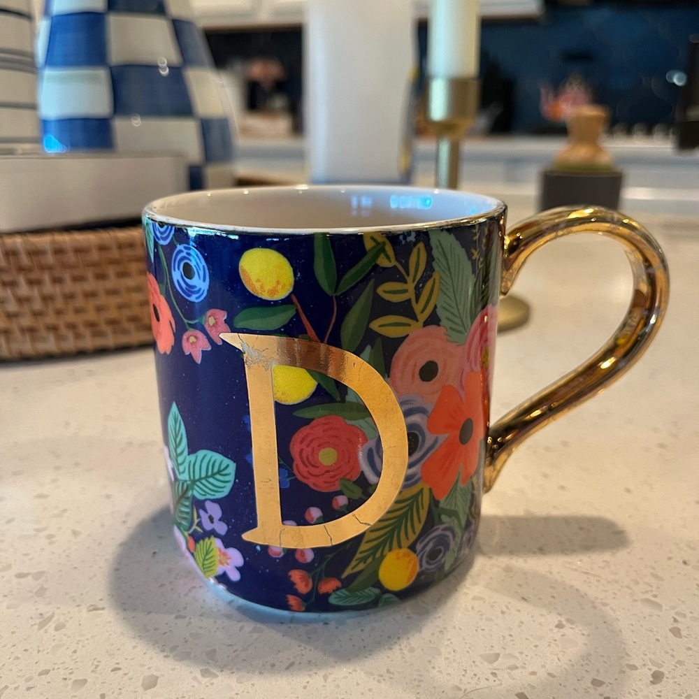 Anthropologie Rifle Paper Co Floral Navy “D” Mug